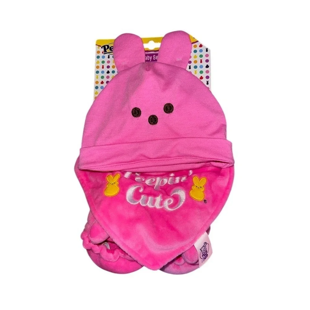 Peeps Peepin' Cute Baby 3-Piece Set Pink Bunny‎ Ears Hat Bib Slippers